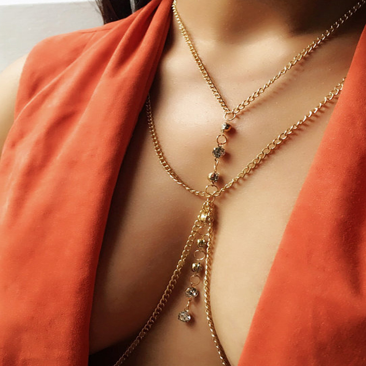 Body Jewelry Harness - Okrągły kryształowy łańcuszek na klatkę piersiową